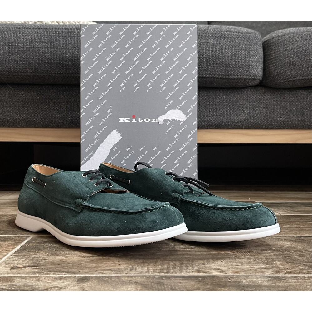 $1,395 NIB Kiton Green Goat Skin Boat Lace Up Shoes Loafers Size 42 (9) M